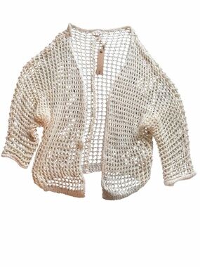 🌟POL Cream Boho Beachy Cottagecore Open-Knit Crochet Cardigan